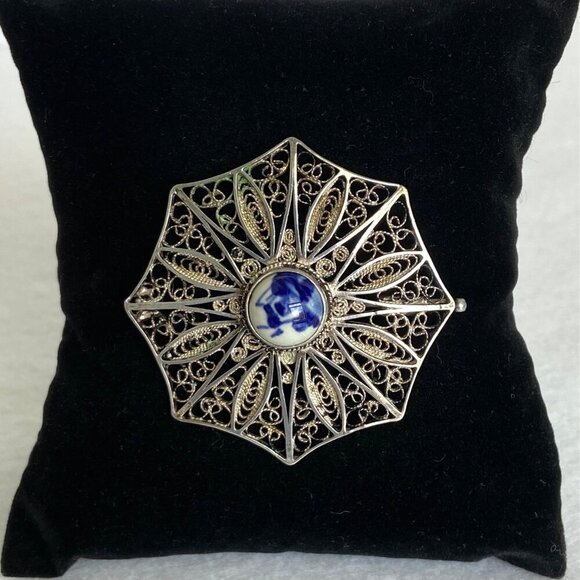 VTG Sterling Silver 925 1.71" Domed Signed Delft Filigree Spun Silver Brooch - Picture 1 of 16